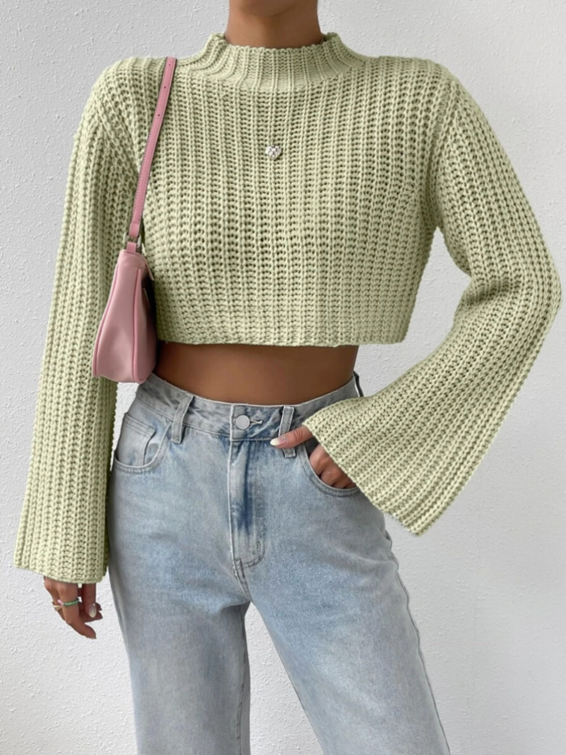 Mock Neck Long Sleeve Cropped Sweater Light Green C.J@MZ clothes crop top crop tops cropped cropped sweater cropped top croptop long sleeves Ship From Overseas shirt shirts sweater sweaters top tops turtleneck sweater