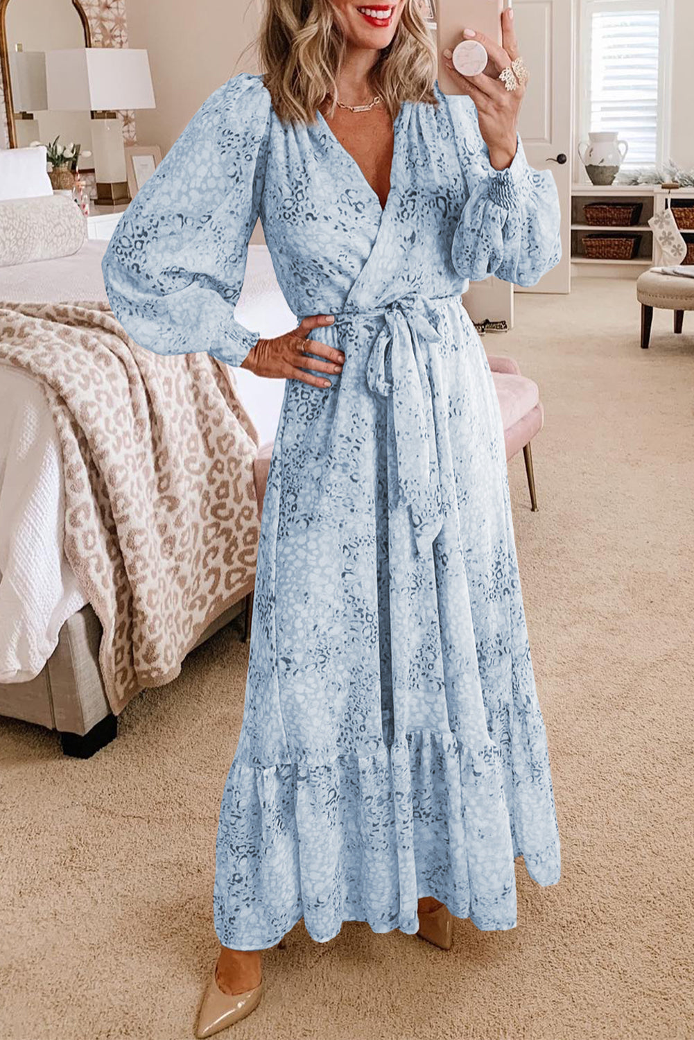 Sky Blue Printed Surplice Neck Bubble Long Sleeve Maxi Dress with Tie waist Sky Blue Printed 95%Polyester+5%Elastane All In Stock casual dress casual dresses clothes Color Blue dress dresses elegant dress evening dresses formal dress long dresses long sleeve dress long sleeve dresses maxi dress maxi dresses Occasion Wedding Print Leopard Season Spring short dresses Silhouette A-Line Style Southern Belle