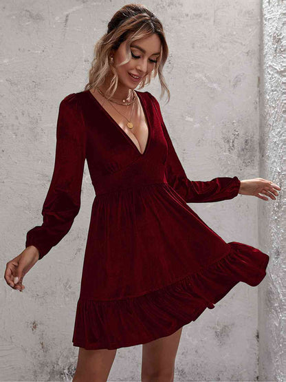 Plunge Long Sleeve Ruffle Hem Velvet Dress Brick Red casual dress casual dresses clothes dress dresses long sleeve dress long sleeve dresses mini dress Ship From Overseas short dress short dresses Y@Q@S