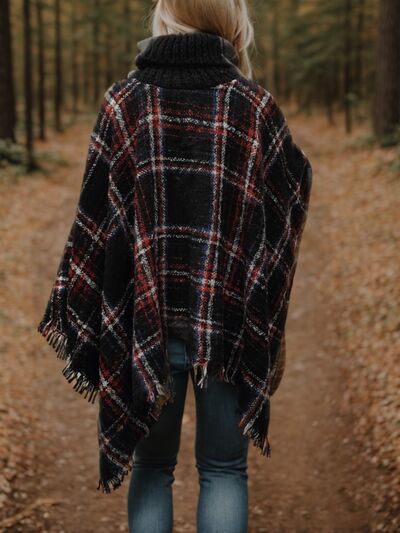 Turtleneck Plaid Raw Hem Sweater Fashion Poncho