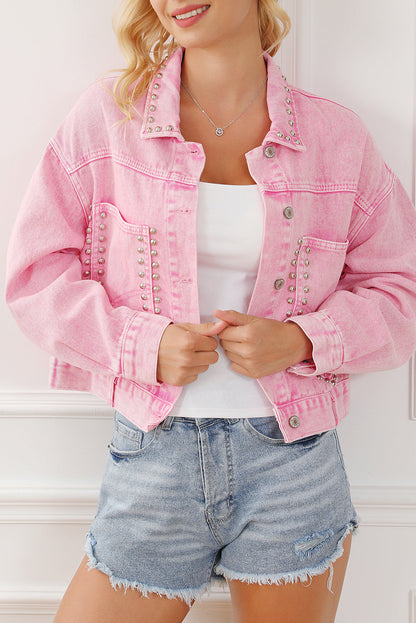 Pink Rivet Studded Pocketed Pink Denim Jacket Pink 100%Cotton All In Stock Category Shacket clothes Color Pink Craft Rhinestone Day Valentine's Day Fabric Denim Jackets & Coats Occasion Daily Print Solid Color Season Winter