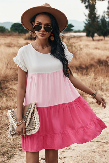 Color Block Round Neck Tiered Dress Hot Pink clothes dress dresses DY Ship From Overseas short dresses trend