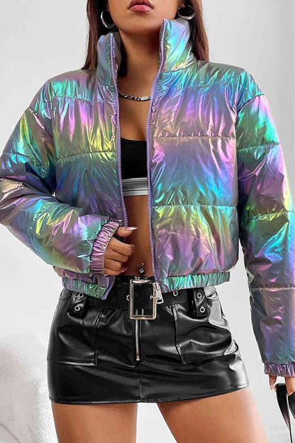 Gradient Zip-Up Oil Spill Chrome Winter Coat