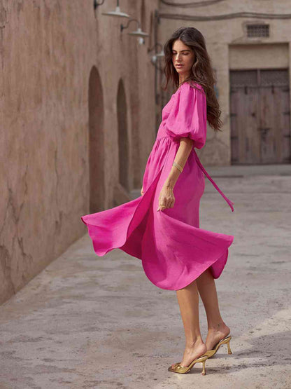 Surplice Balloon Sleeves Slit Short Sleeve Tied Dress Hot Pink buy this casual dresses clothes dresses Maxi maxi dress maxi dresses Q@S Ship From Overseas short dresses