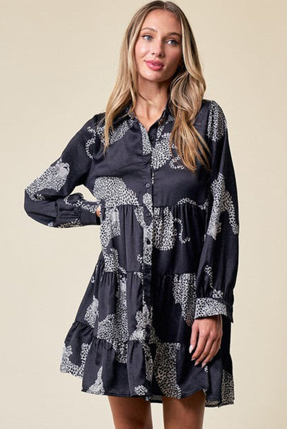 Black Leopard Print Button-up Long Sleeve Casual  Dress