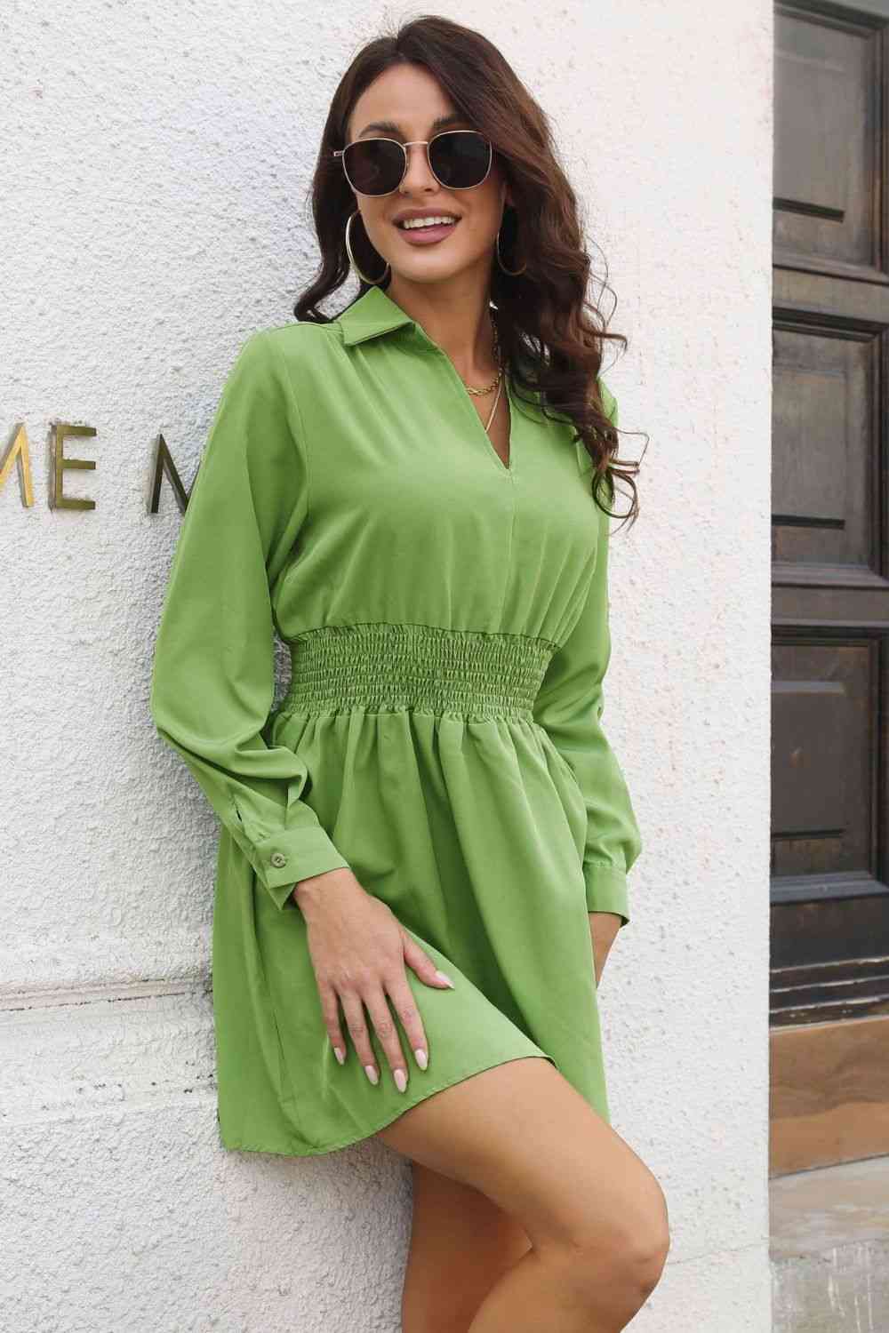 Johnny Collar Smocked Waist Long Sleeve Mini Dress Lime .925 B&S casual dresses clothes dress dresses long sleeve dress long sleeve dresses Ship From Overseas short dresses