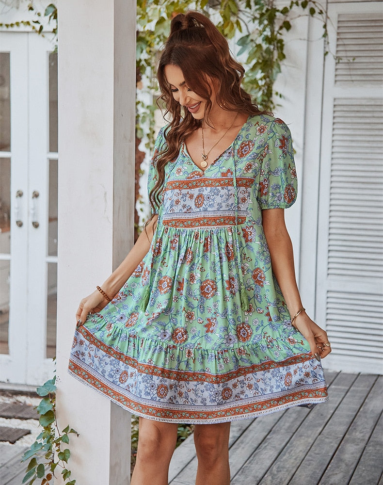 Bonnie Floral Puff Sleeve Summer Midi Dress