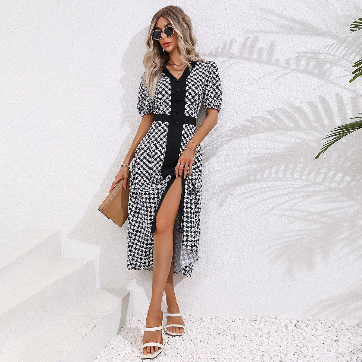 Janice Summer Casual Puff Sleeve Slit Midi Dress