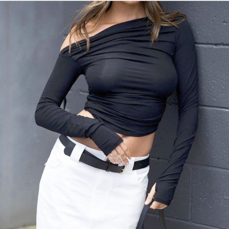 Women's niche design outer wear long-sleeved tops, off the shoulder long sleeve shirt Black clothes crop top long sleeve top shirt shirts thumb shirt top tops