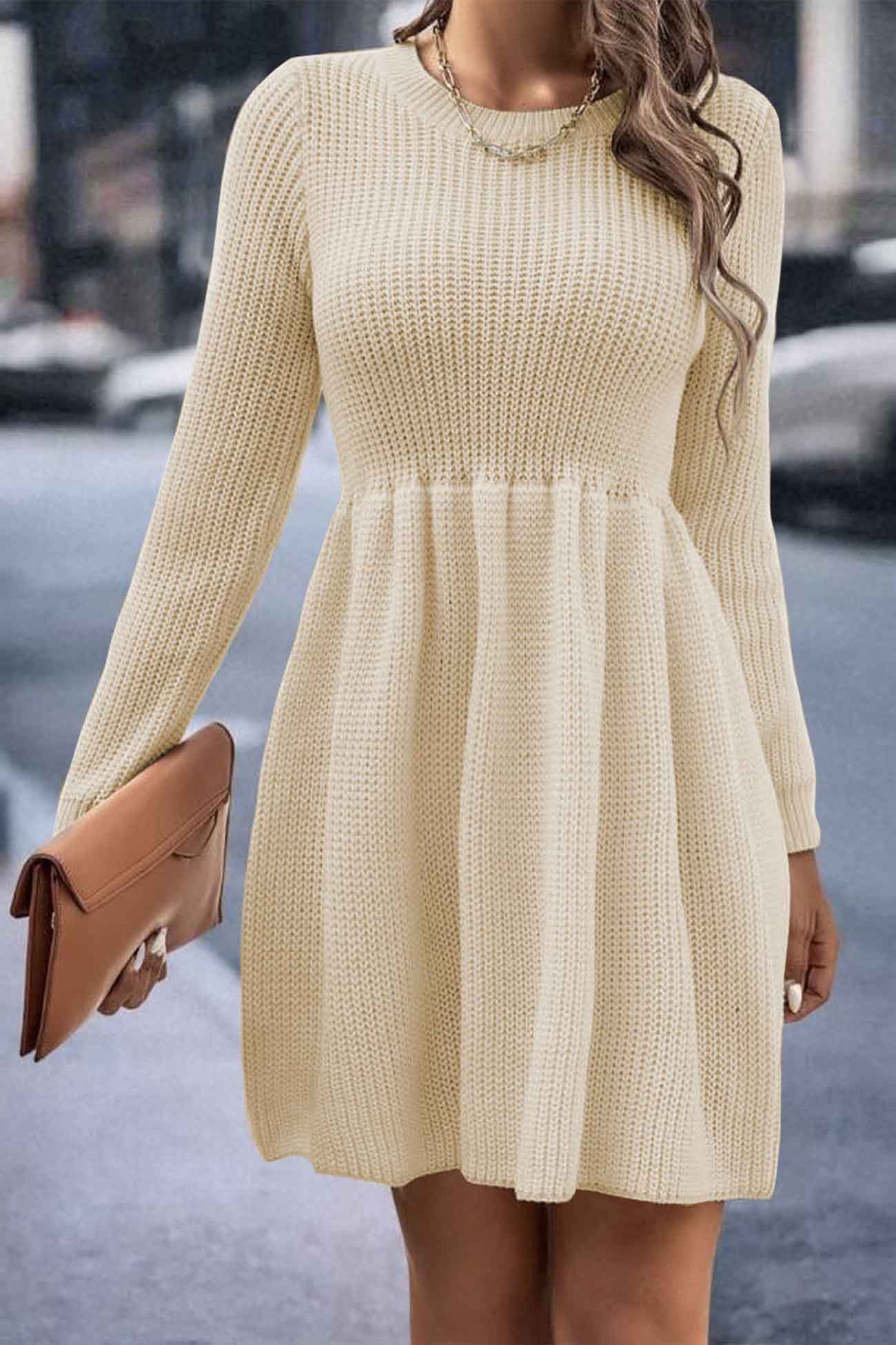 Solid Color Shirring Long Sleeve Knitted Dress