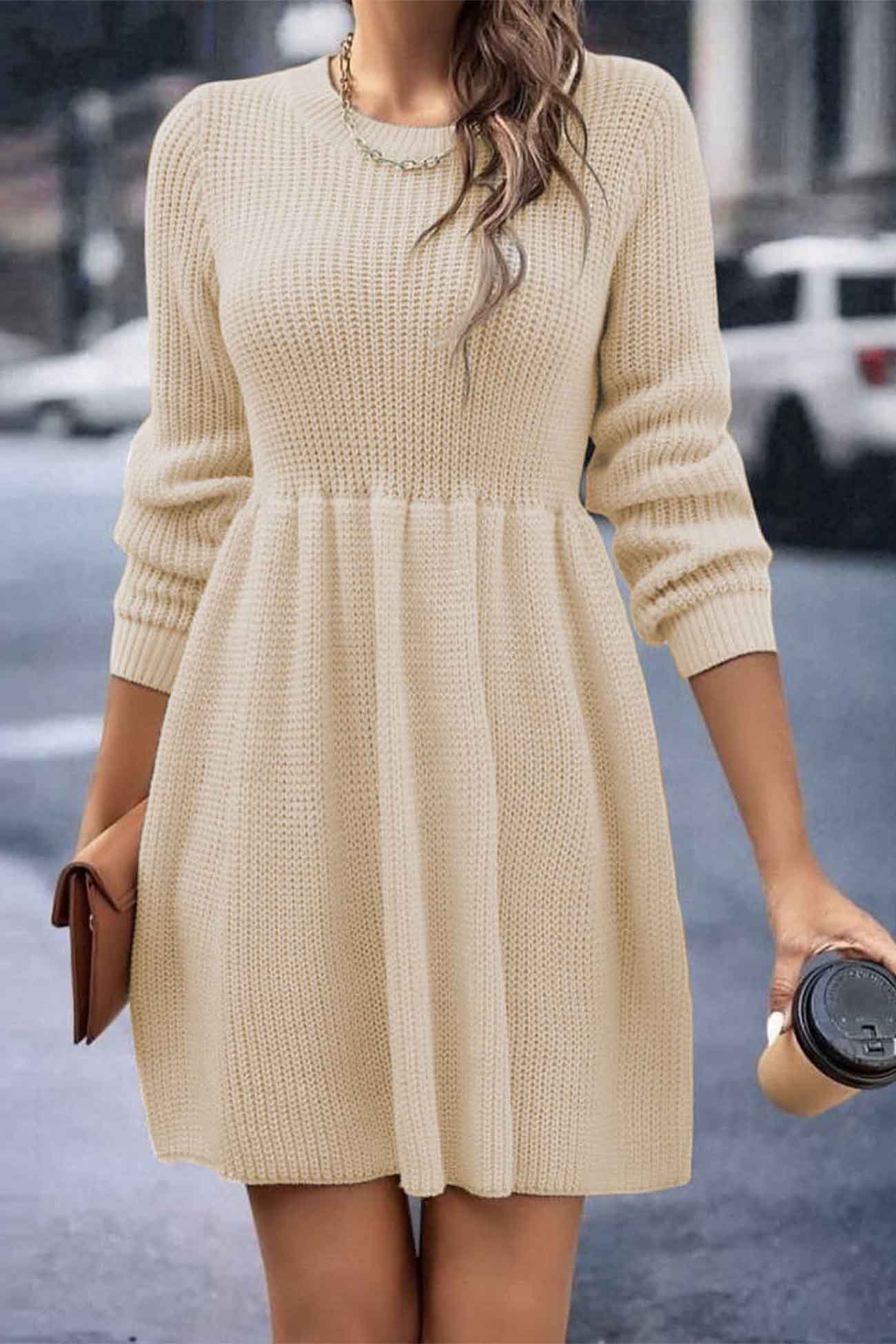 Solid Color Shirring Long Sleeve Knitted Dress