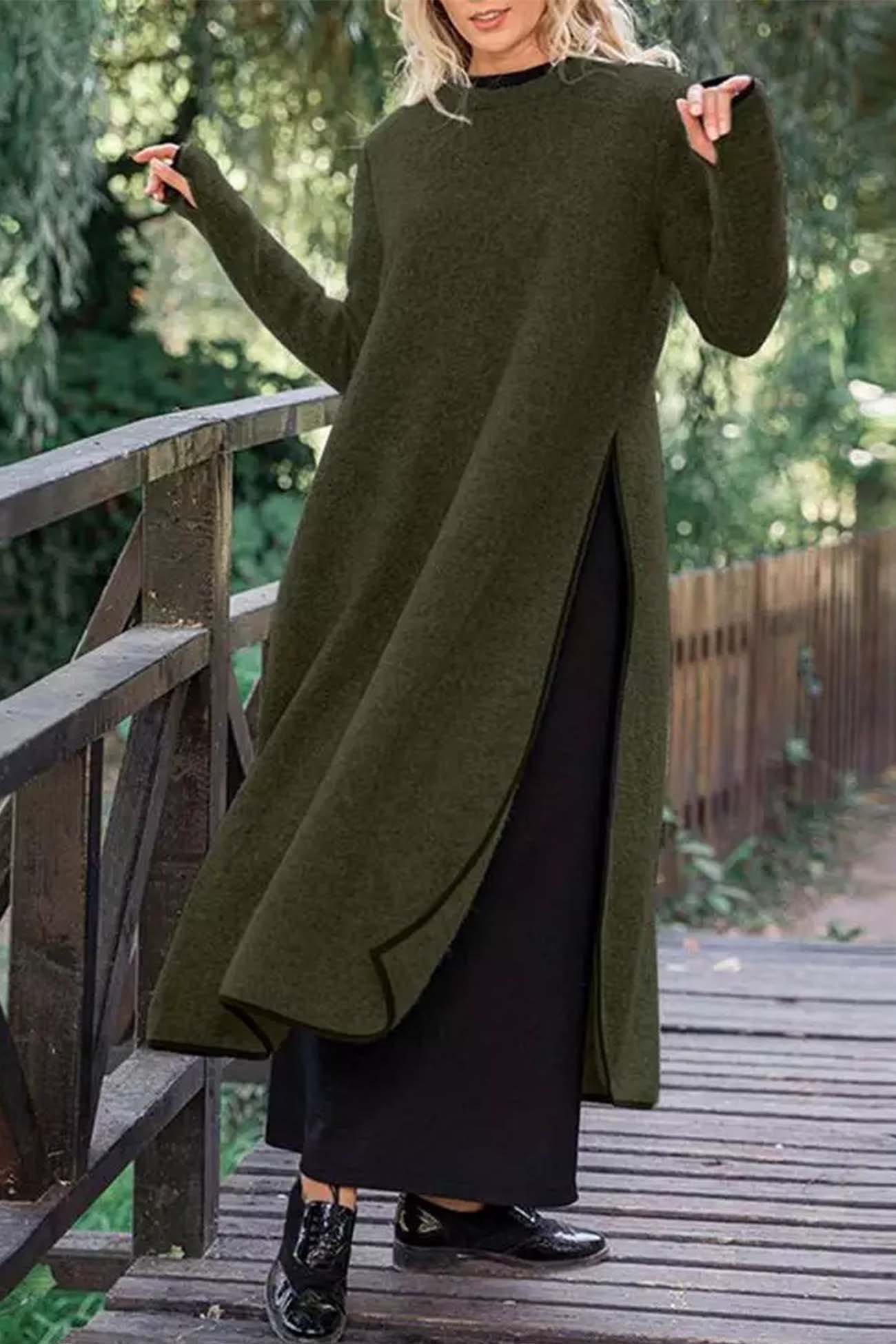 Solid Color Crew Neck High Slit Dress