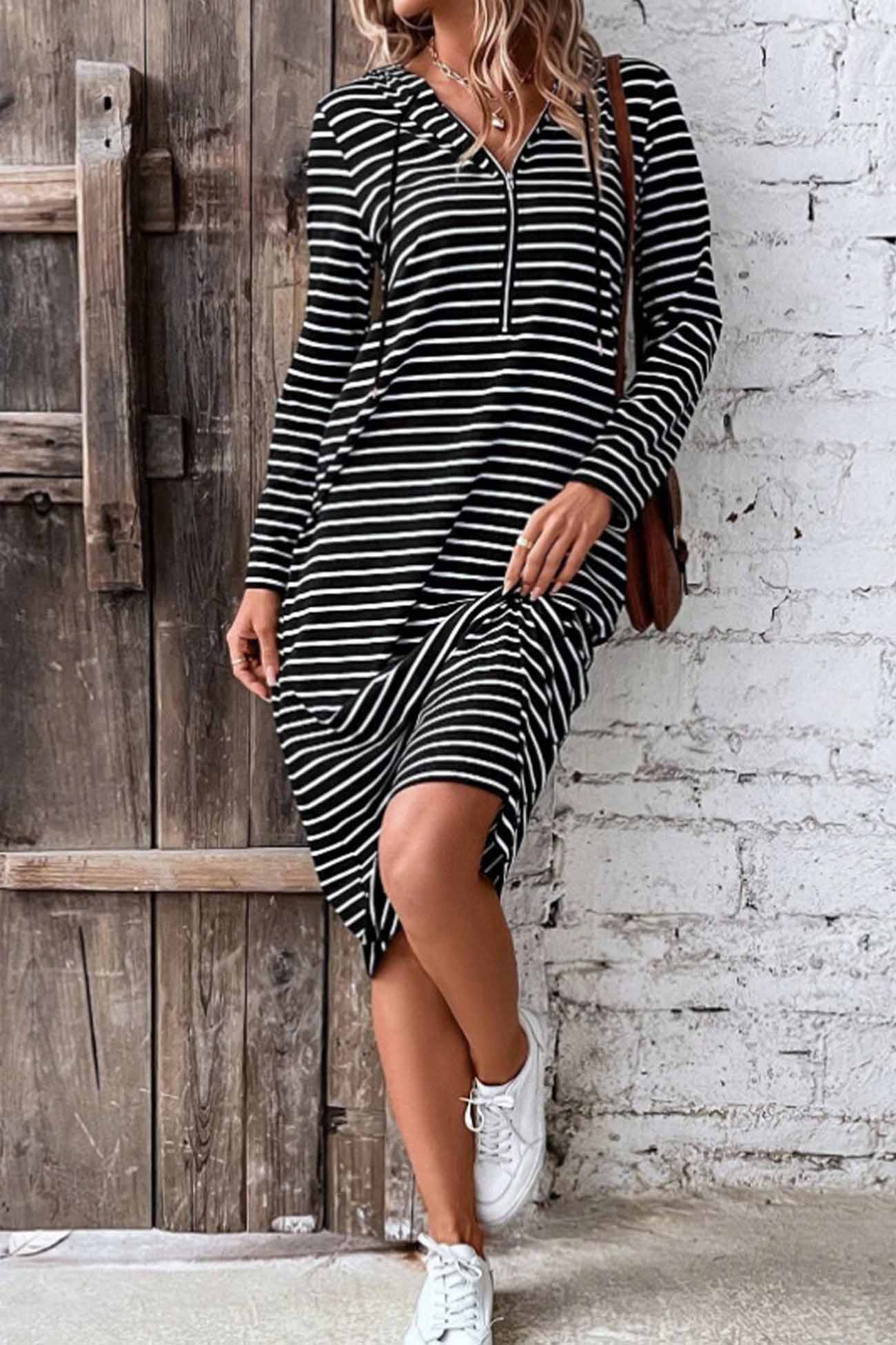 Striped Long Sleeve Hooded Dress