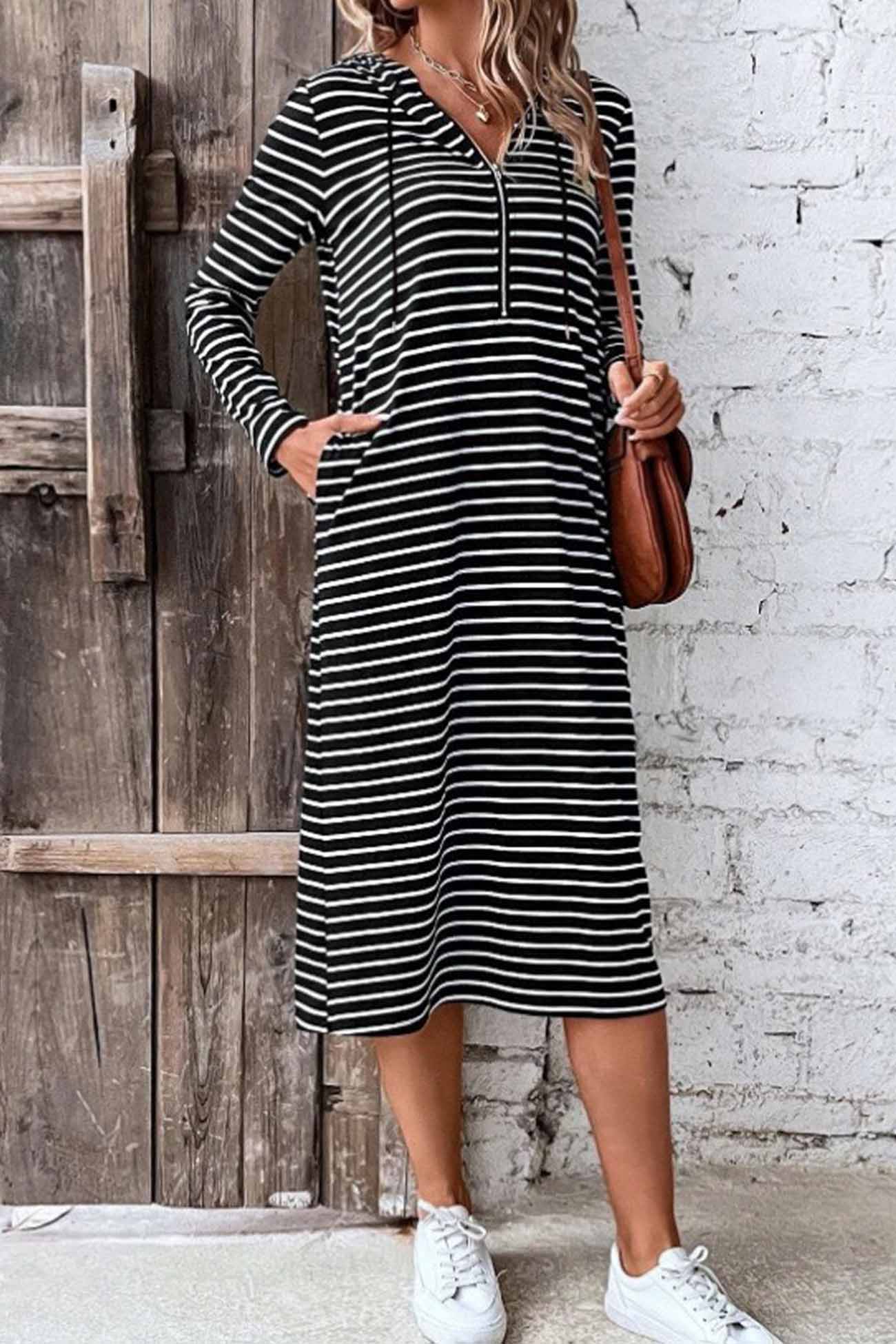 Striped Long Sleeve Hooded Dress