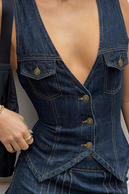 Blue Button-down Waisted Denim Tank Top