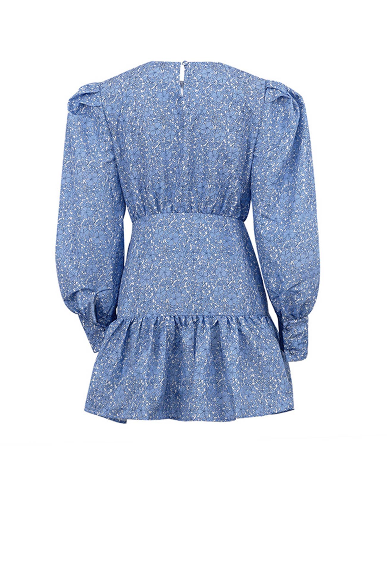 Blue Puff Sleeve Gathered Ruffle Floral Dress