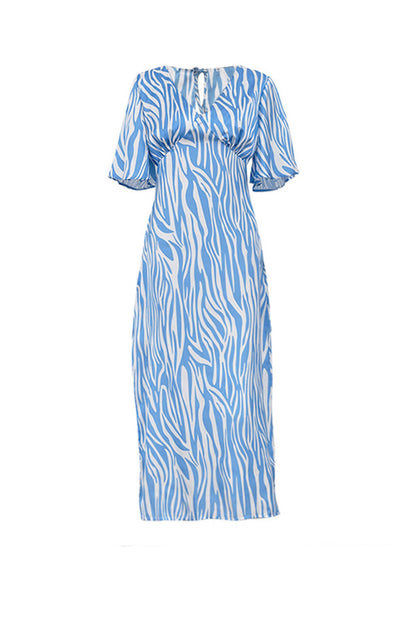 Blue Satin Zebra Print Tie-back Midi Dress