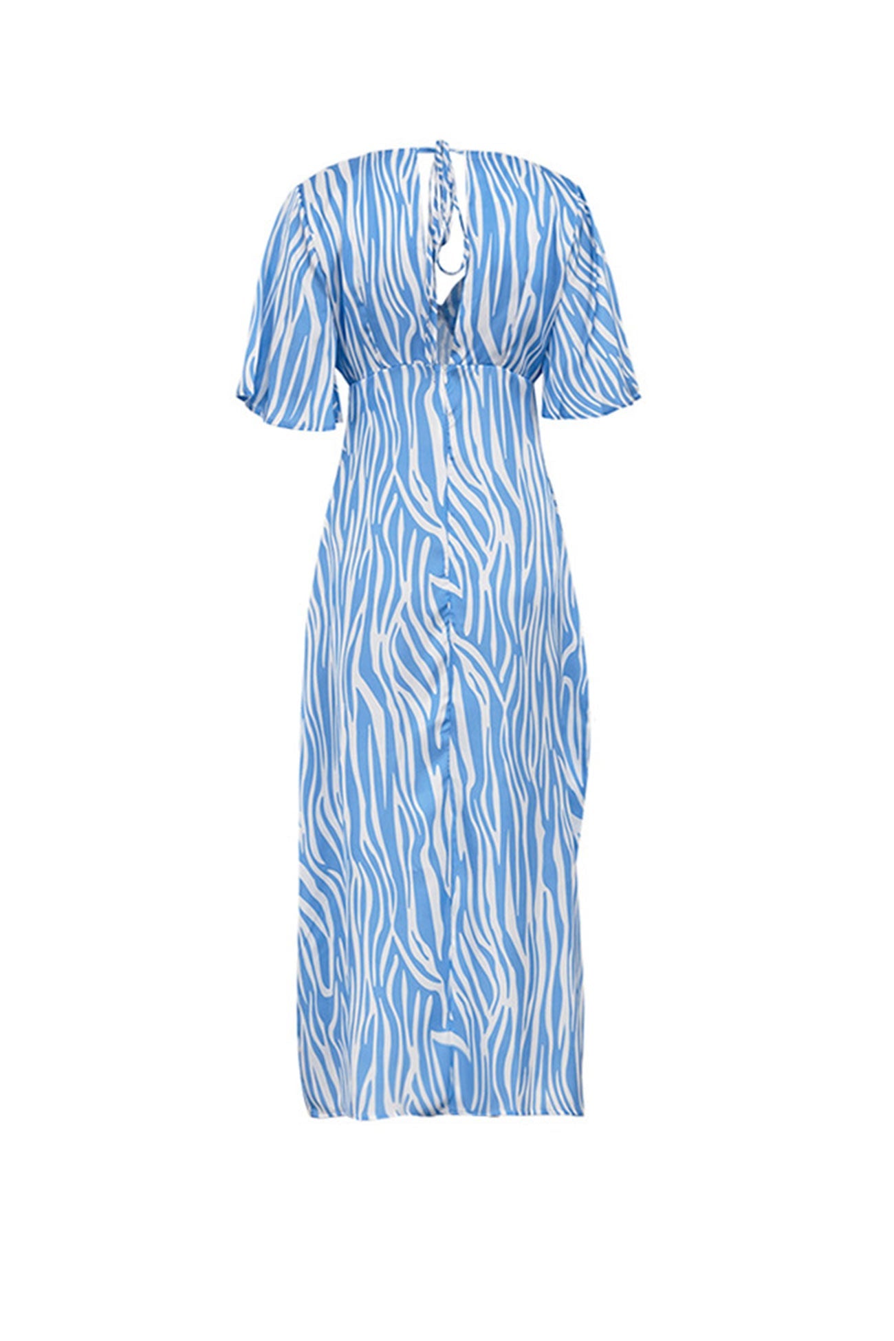 Blue Satin Zebra Print Tie-back Midi Dress