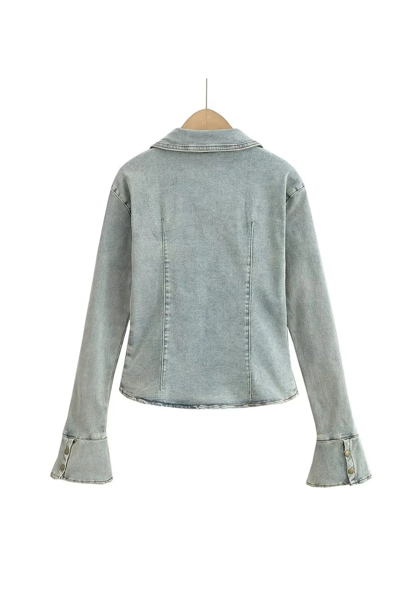 Lapel Single-breasted Bell Sleeve Denim Blouse