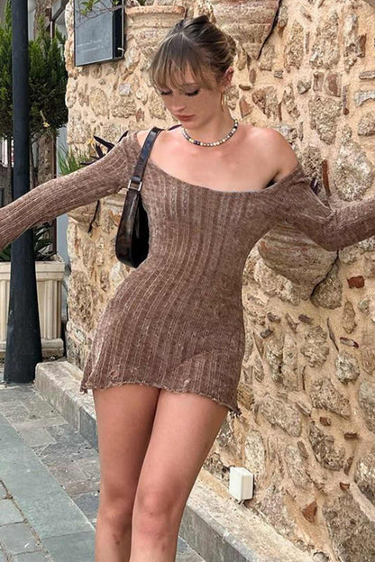 Brown Off Shoulder Mini Dress