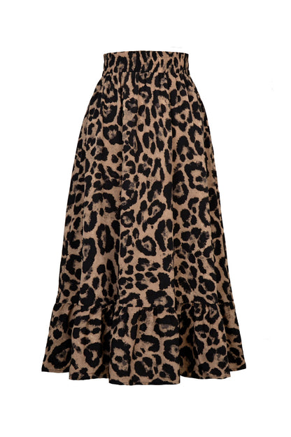 Leopard Print Hem Pleated High Waist Skirt