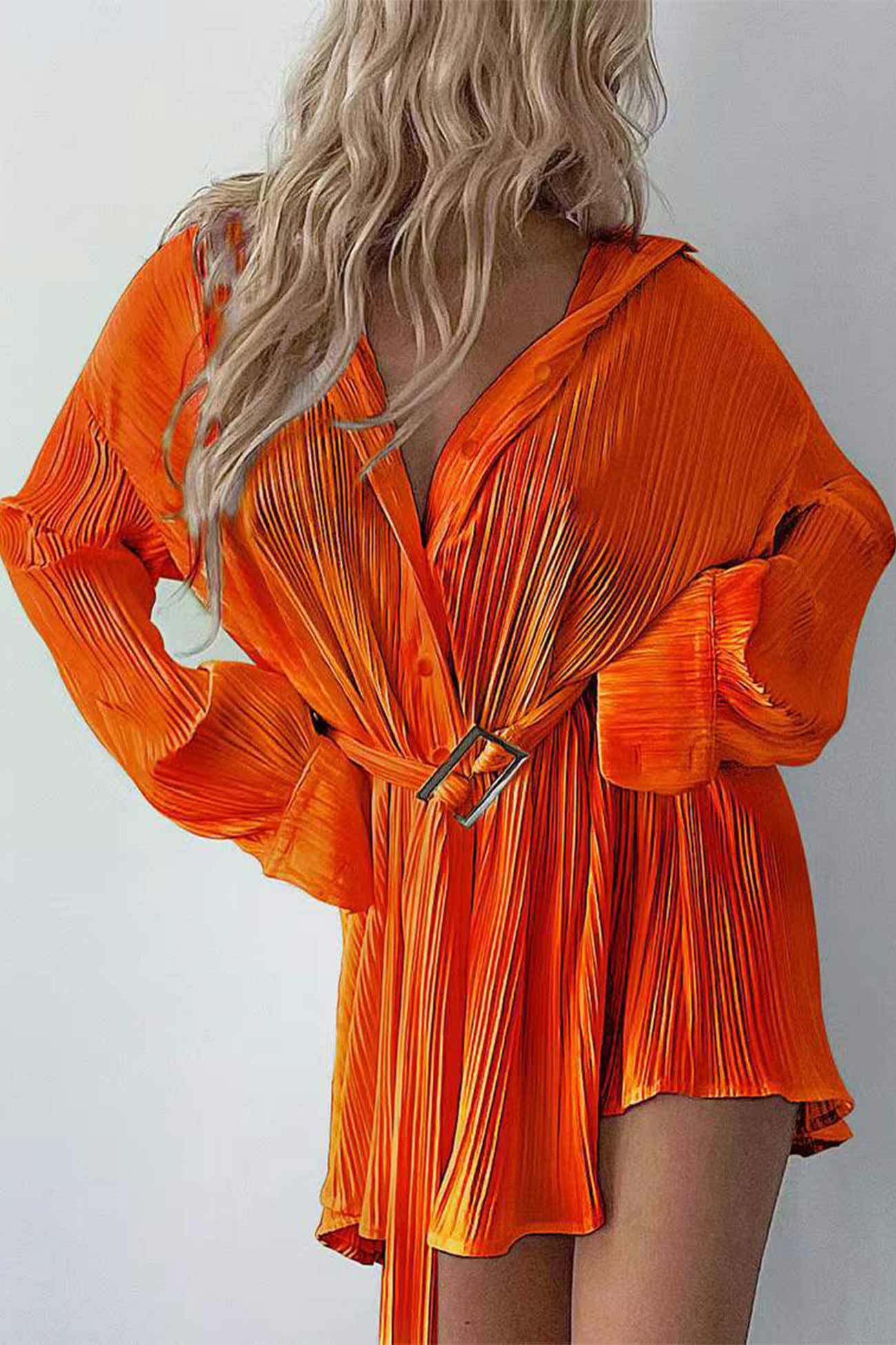 Button-Front Strappy Waisted Pleated Shirts Dress