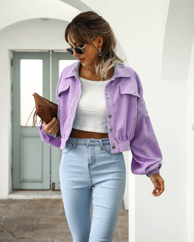 Corduroy Jacket Lantern Sleeve Single Breasted Short Jacket Women Purple Clothes Jackets & Coats