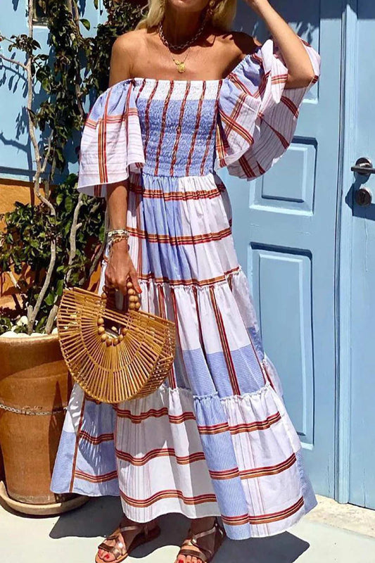 Contrast Striped Print Ruffle Sleeve Tiered Dress