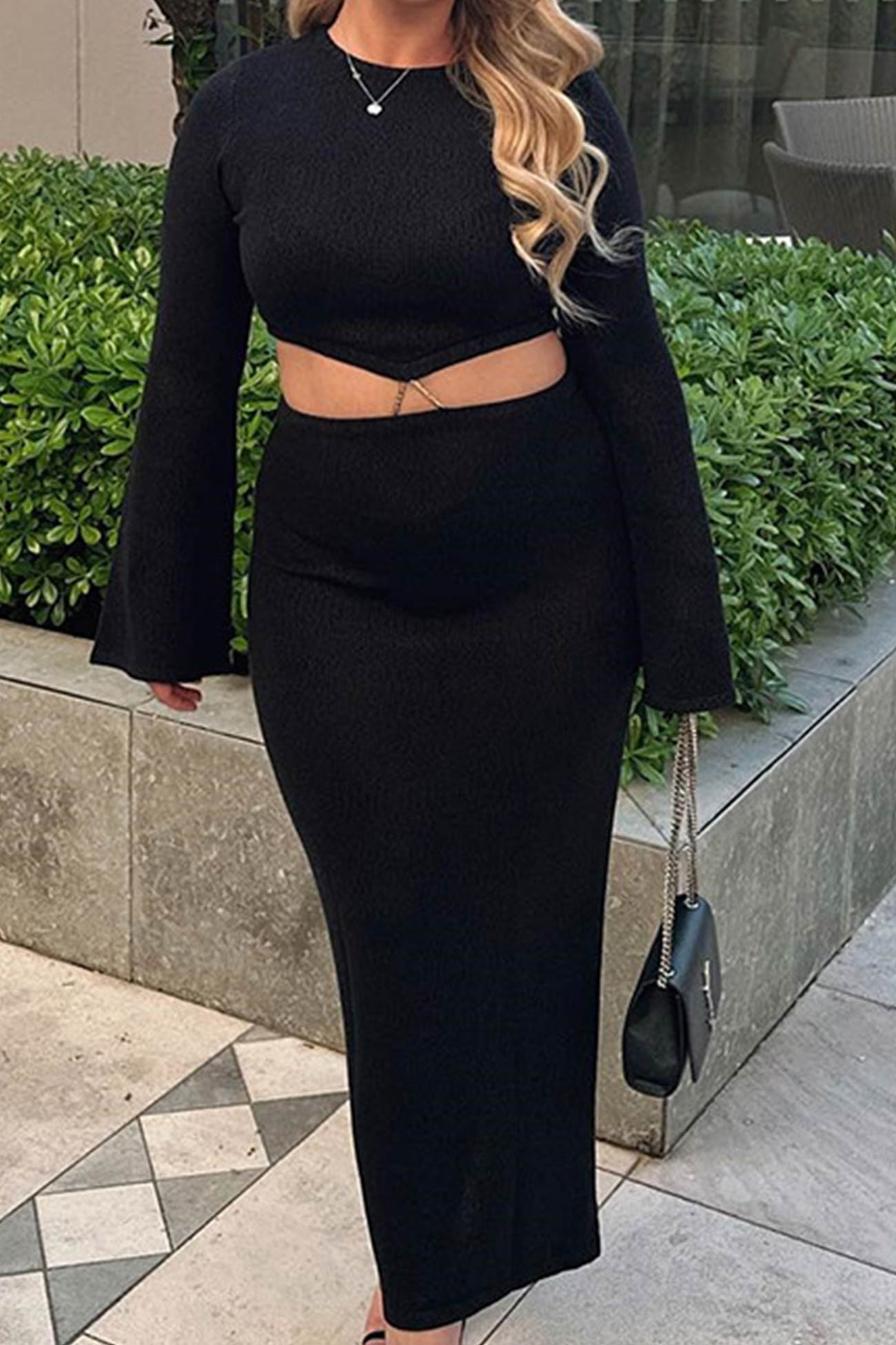 Crew Neck Flares Sleeve Crop Top Slit Midi Skirt Suits