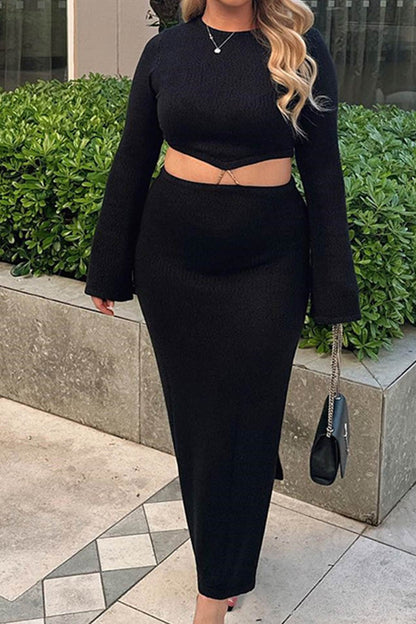 Crew Neck Flares Sleeve Crop Top Slit Midi Skirt Suits