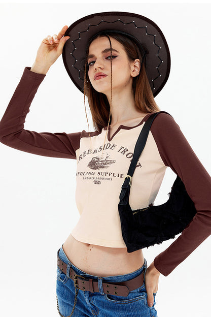 Crew Neck Printed Patchwork Crop Top