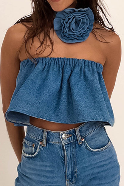 Denim Strapless Crop Top With Floral Choker