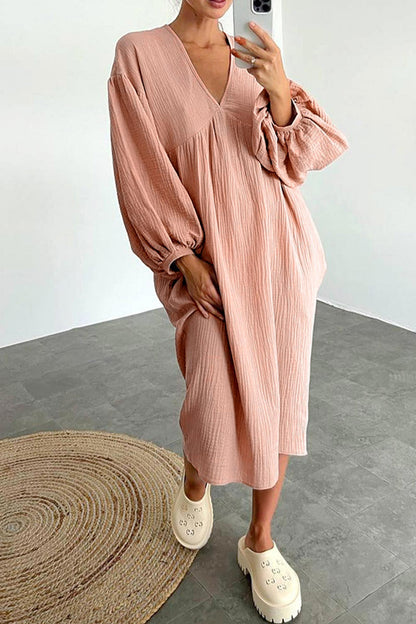 Double Crepe V Neck Puff Sleeve Loose Dress