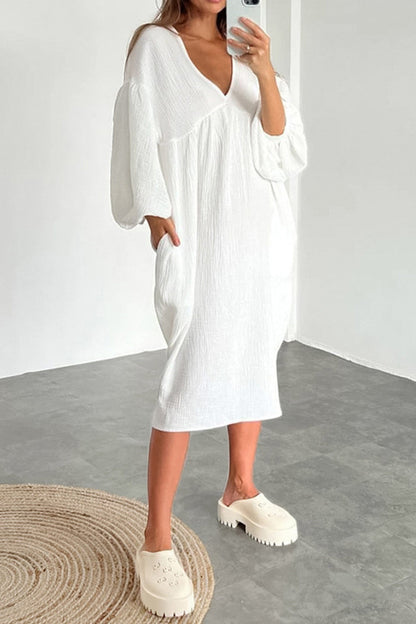 Double Crepe V Neck Puff Sleeve Loose Dress