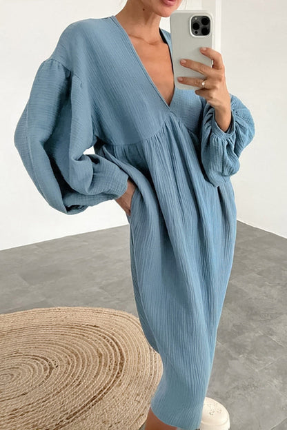 Double Crepe V Neck Puff Sleeve Loose Dress