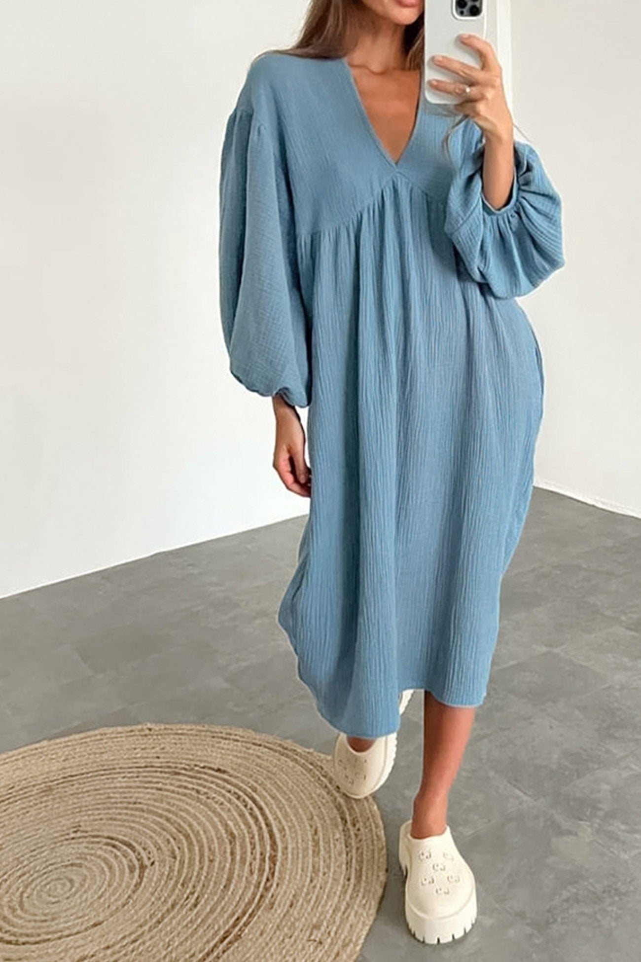 Double Crepe V Neck Puff Sleeve Loose Dress