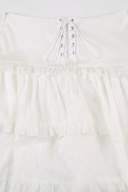 Eyelet Strap A-Line Tiered Long Skirt