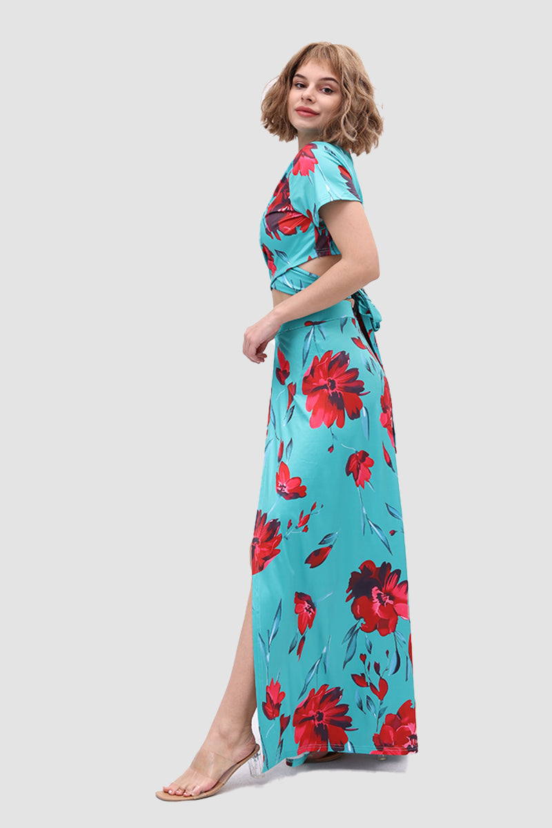 V-neck Allover Floral Side Slit Two-Piece Dress