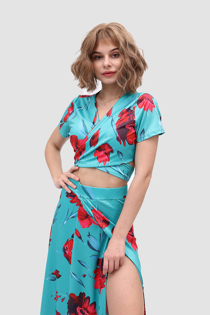 V-neck Allover Floral Side Slit Two-Piece Dress