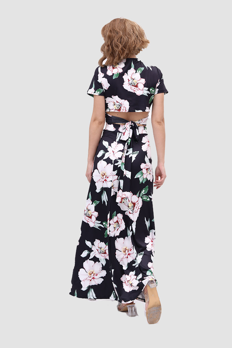 V Neck Floral Printed Side Slit Two-Piece Dress