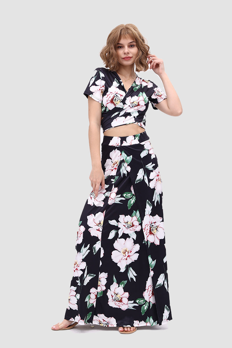 V Neck Floral Printed Side Slit Two-Piece Dress