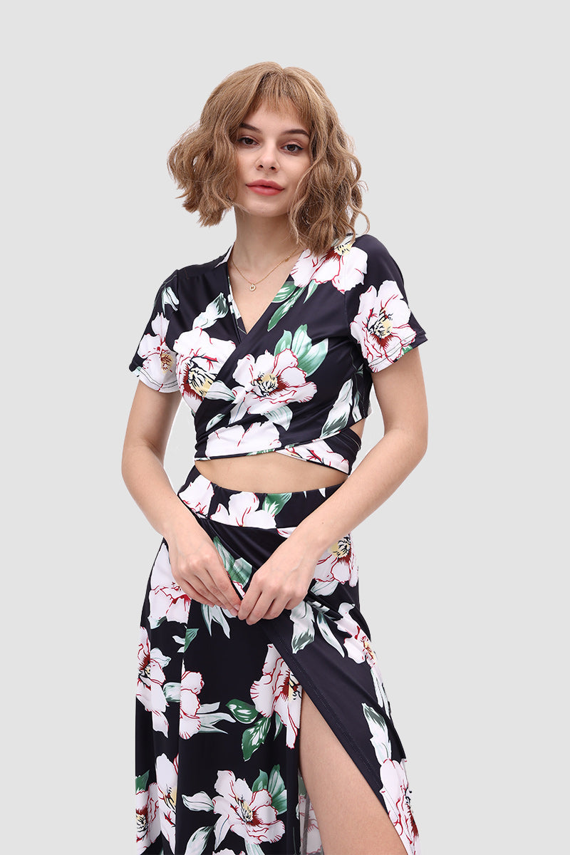 V Neck Floral Printed Side Slit Two-Piece Dress