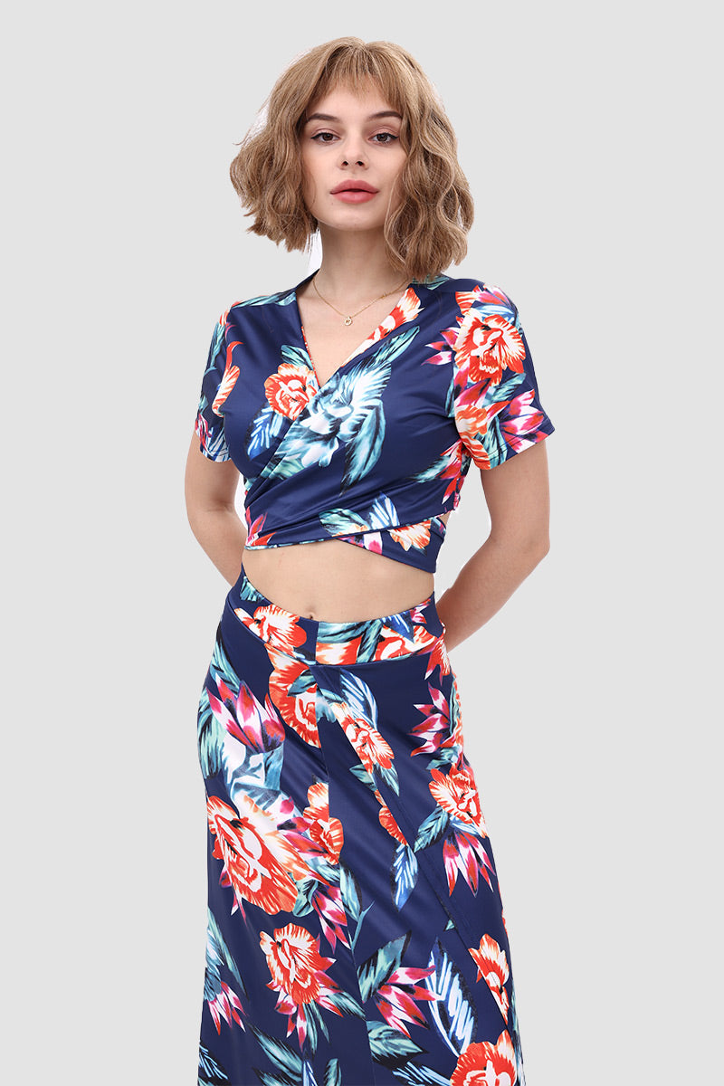 V Neck Floral Printed Side Slit Two-Piece Dress