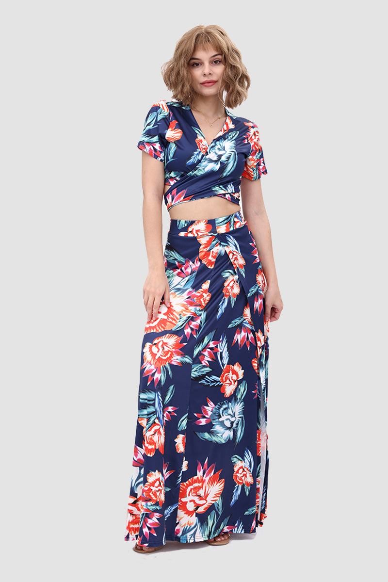 V Neck Floral Printed Side Slit Two-Piece Dress