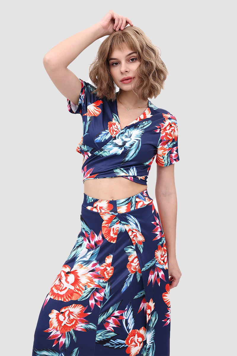 V Neck Floral Printed Side Slit Two-Piece Dress