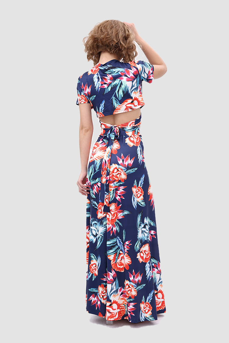 V Neck Floral Printed Side Slit Two-Piece Dress