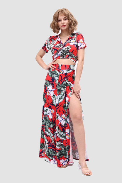 V-neck Allover Floral Side Slit Two-Piece Dress