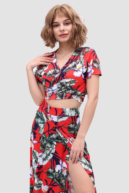 V-neck Allover Floral Side Slit Two-Piece Dress