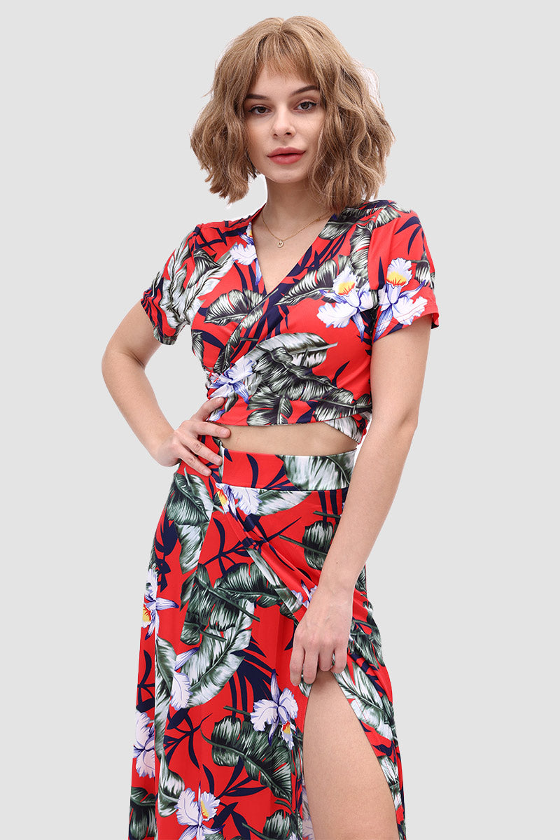 V-neck Allover Floral Side Slit Two-Piece Dress