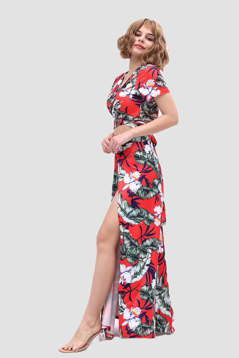 V-neck Allover Floral Side Slit Two-Piece Dress